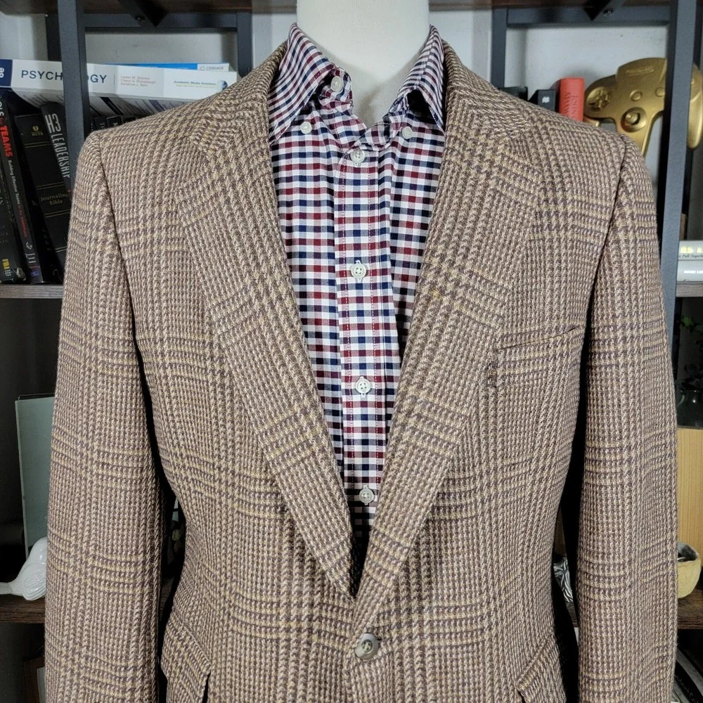 VTG Neiman Marcus Men's Tweed Sport Coat Two Button Brown Wool Plaid‎ Size 42-44